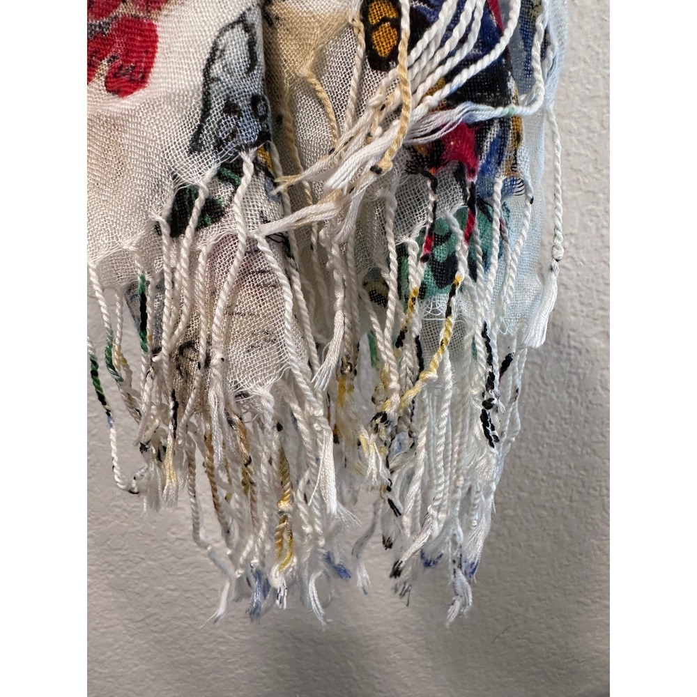 Old Navy Butterfly Print Scarf Shawl White Multi Color‎ Fringe Trim One Size - Picture 6 of 9